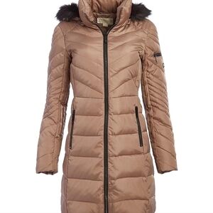 Women's Tan Puffer Coat with Black Fur Hood